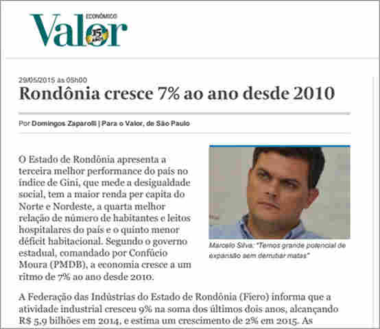 VALOR ECONÔMICO: RONDÔNIA CRESCE 7% AO ANO DESDE 2010