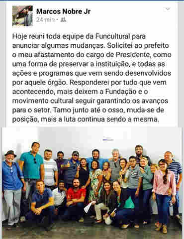 PRESIDENTE DA FUNCULTURAL DIZ QUE PEDIU PARA SAIR DA PREFEITURA; EX-VICE ASSUME
