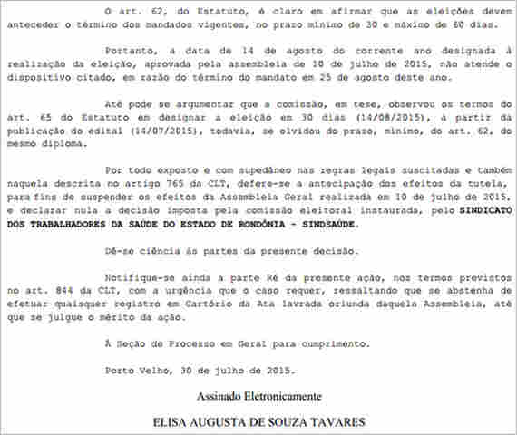 JUÍZA DO TRT SUSPENDE ELEIÇÕES NO SINDSAÚDE
