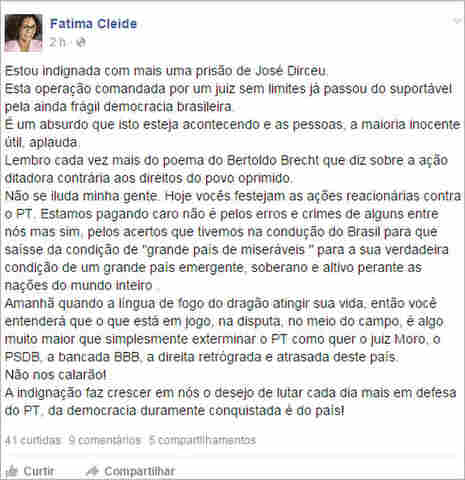 FÁTIMA CLEIDE SE REVOLTA COM PRISÃO DE JOSÉ DIRCEU E ATACA JUIZ SÉRGIO MORO: &#34;SEM LIMITES&#34;