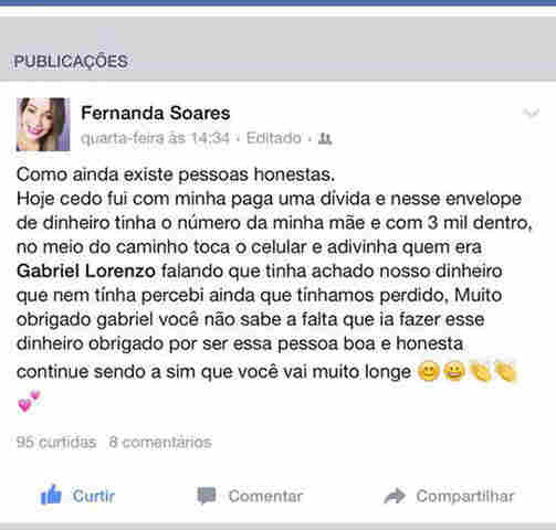 Jovem acha envelope com R$ 3 mil e documentos e devolve à dona