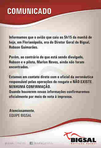 Queda da aeronave - Nota da Bigsal