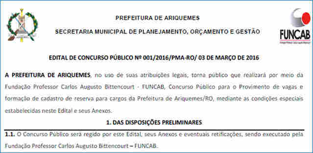 Inscrições para concurso da Prefeitura de Ariquemes seguem até dia 5 de abril
