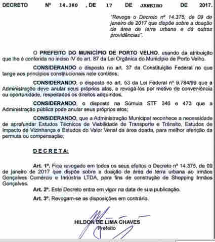 Prefeito anula doação de área para supermercado em Porto Velho