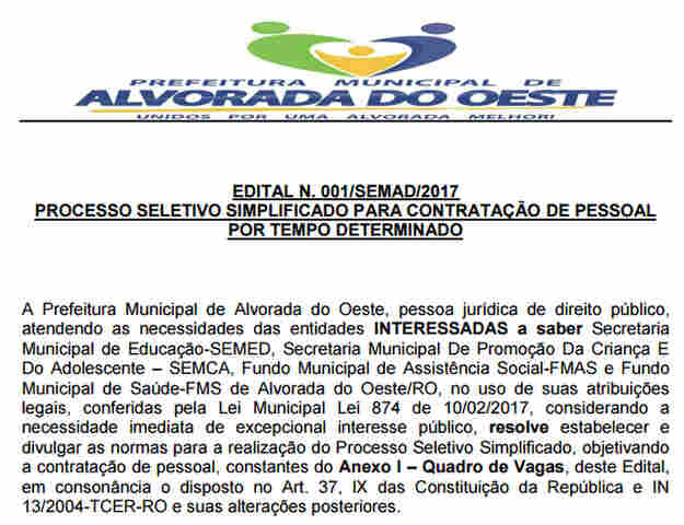 Prefeitura de Alvorada do Oeste abre seleção para níveis fundamental, superior e médio