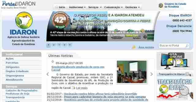 Portal institucional da Idaron entra em manutenção às 12 horas desta sexta-feira