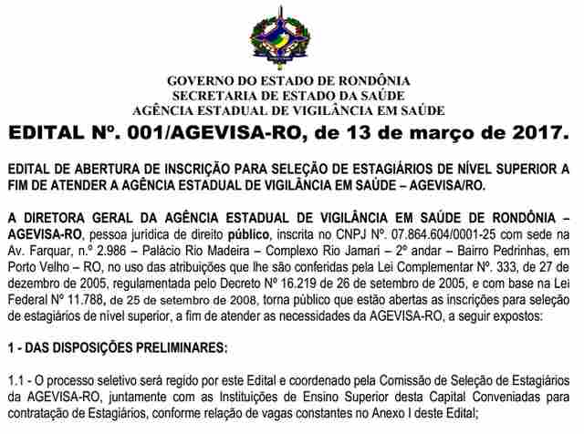 Agevisa lança edital para contratação imediata de estagiários de nível superior