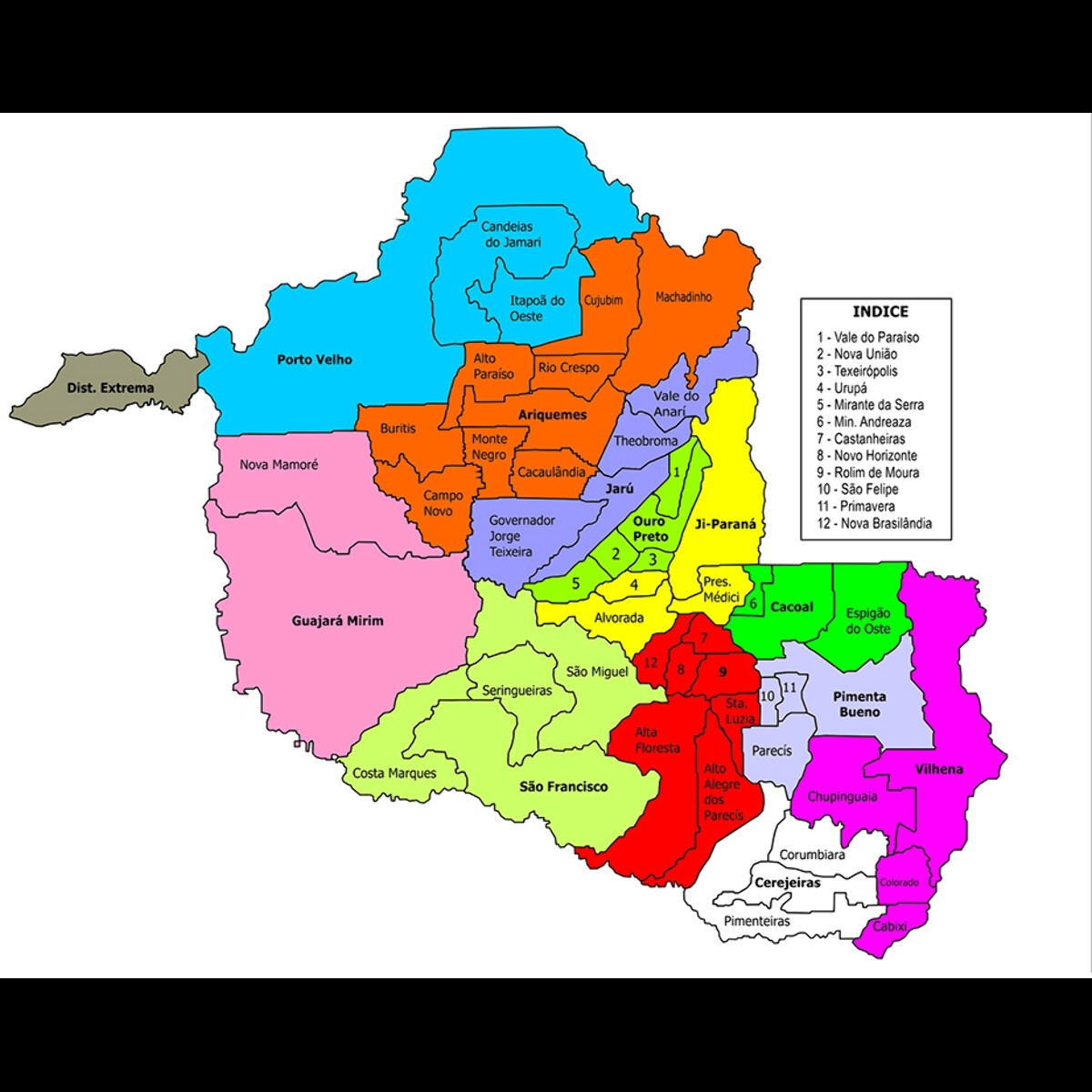 Mapa do estado de Rondônia com a divisão municipal e a distribuição da