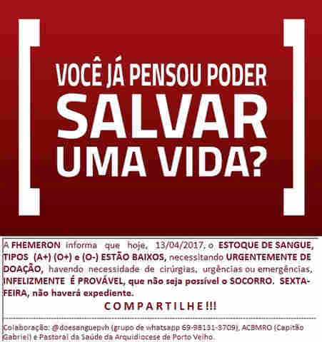 Com baixo estoque, Fhemeron pede doação de sangue para manter estoque no feriado de Páscoa