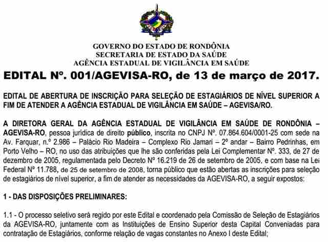 Agevisa prorroga prazo de divulgação do resultado do processo seletivo para estagiários