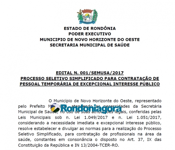 Prefeitura de Novo Horizonte divulga edital com vagas para médicos