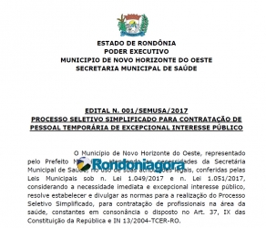 Inscrições para vagas de médicos na Prefeitura de Novo Horizonte encerram nesta segunda
