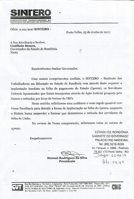 Sintero pede que Iperon assuma urgentemente servidores transpostos e retirados da folha da União