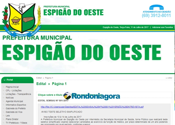 Prefeitura de Espigão abre inscrições para médicos com salário de R$ 10.394,71