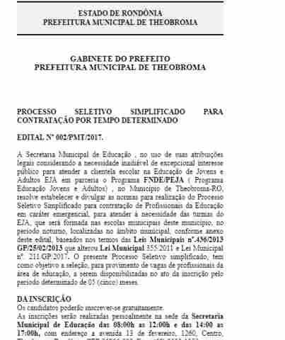 Prefeitura de Theobroma abre inscrições para contratar professores para Educação de Jovens e Adultos