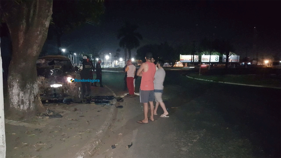 Motorista passa por cima de rotatória, colide caminhonete contra árvore e fica em estado grave