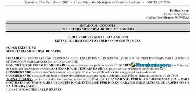 Inscrições para selecionar médicos em Rolim de Moura começa nessa quarta-feira