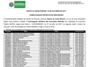 Confira lista de inscrições deferidas e pedidos de atendimento especial do concurso da Sepog em Rondônia