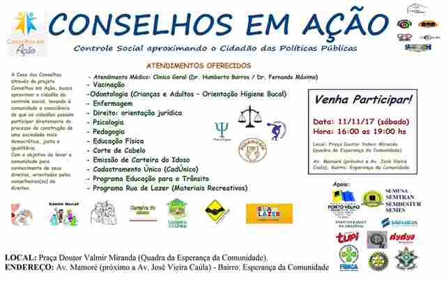 Casa dos Conselhos leva serviços gratuitos ao Bairro Esperança da Comunidade no sábado