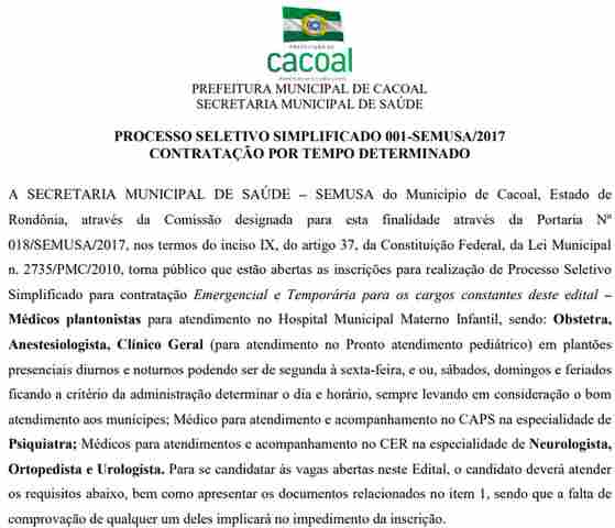 Cacoal lança edital para selecionar 19 médicos