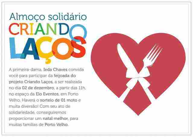 Primeira-dama e prefeito convidam população a degustar feijoada e ajudar na compra de donativos; preço promocional de R$ 25,00