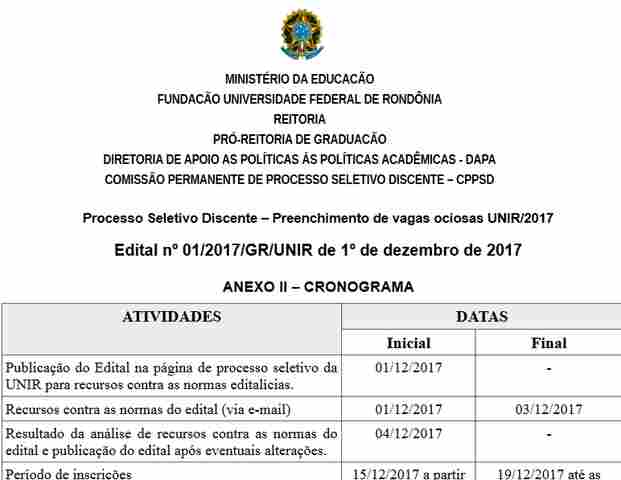 UNIR divulga edital de processo seletivo para preenchimento de vagas ociosas