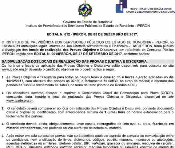 Confira locais de provas do concurso do Iperon, que acontece no domingo