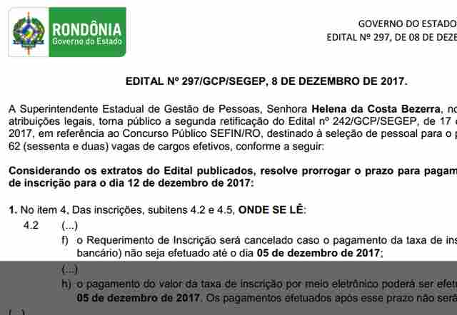 Prazo para pagamento de inscrição no concurso da Sefin de Rondônia é adiado para o dia 12