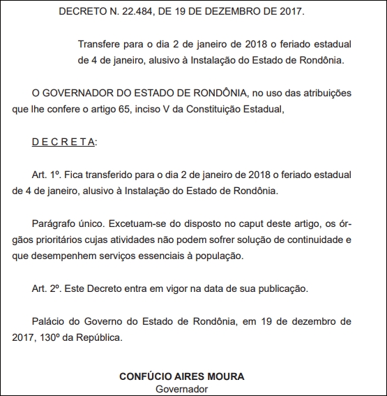 Governo desrespeita Lei de novo e antecipa feriado do 4 de janeiro