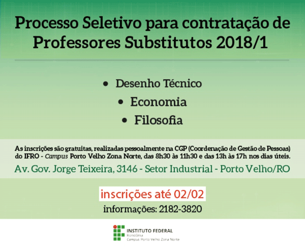Ifro abre processo seletivo para contratação de professores substitutos em Porto Velho