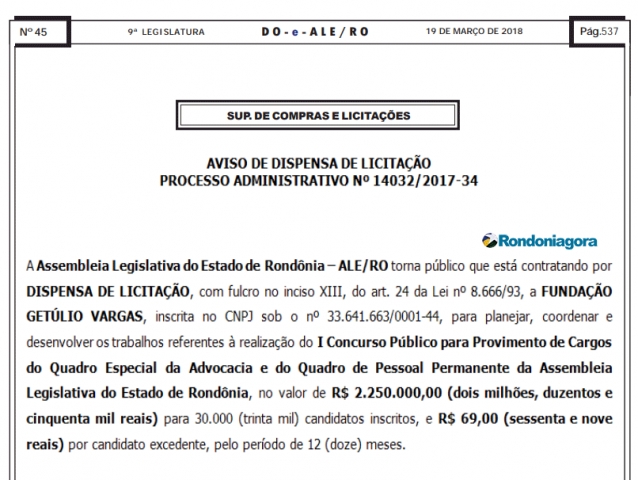  FGV é banca escolhida para o concurso da Assembleia Legislativa de Rondônia