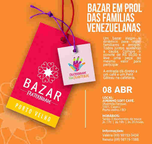 Entidade realizará bazar para arrecadar fundos em prol de refugiados venezuelanos