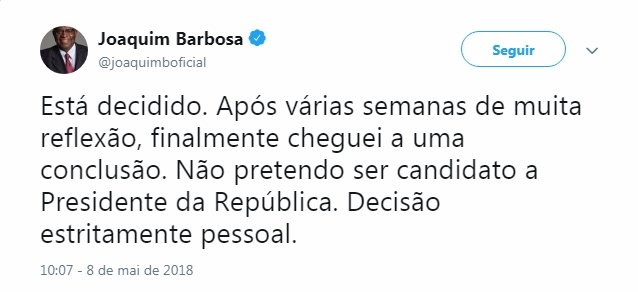 Ex-ministro Joaquim Barbosa anuncia que não será candidato