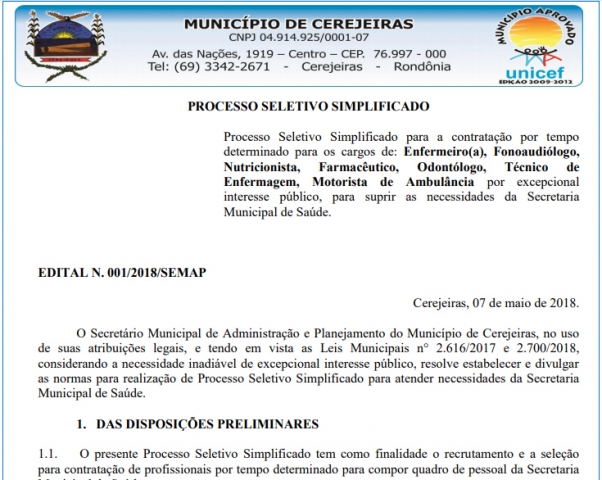 Prefeitura de Cerejeiras abre seleção com 15 vagas