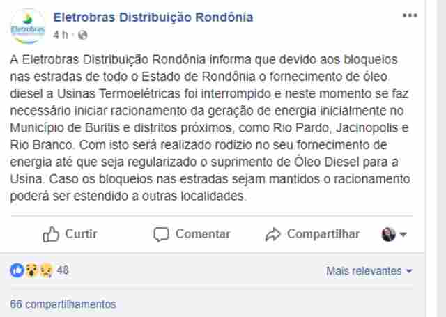 Eletrobras inicia racionamento de energia em município de Rondônia por falta de combustível