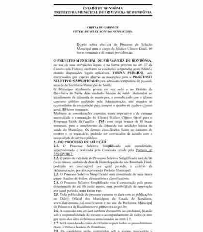 Prefeitura de Primavera de Rondônia abre inscrição para contratar médico com salário de até R$ 8,2 mil
