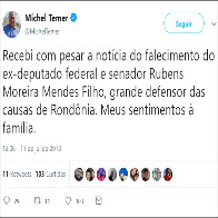 Presidente Temer lamenta morte de Moreira Mendes