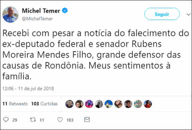 Presidente Temer lamenta morte de Moreira Mendes