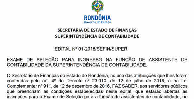Superintendência de Contabilidade divulga vagas de assistente para atuar na Secretaria de Finanças de Rondônia