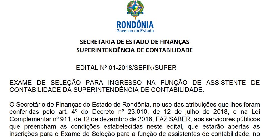 Superintendência de Contabilidade divulga vagas de assistente para atuar na Secretaria de Finanças de Rondônia