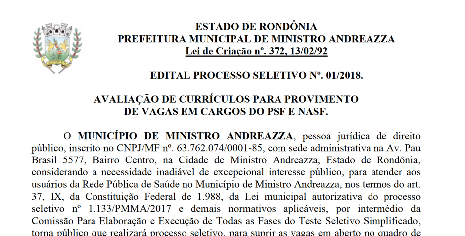 Prefeitura de Ministro Andreazza abre processo seletivo com oito vagas e salários de até R$ 6 mil