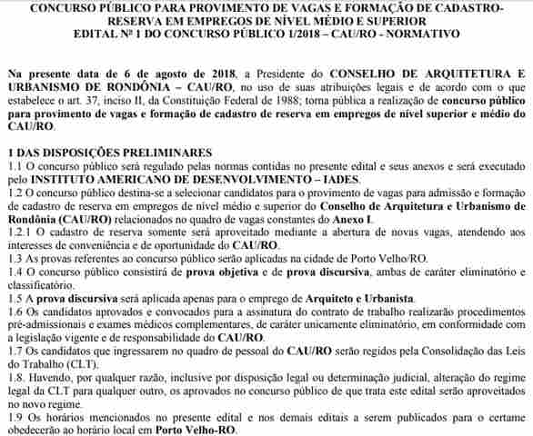 Conselho de Arquitetura e Urbanismo de Rondônia abre concurso com duas vagas e 75 de reserva com salário de até R$ 5.822,44