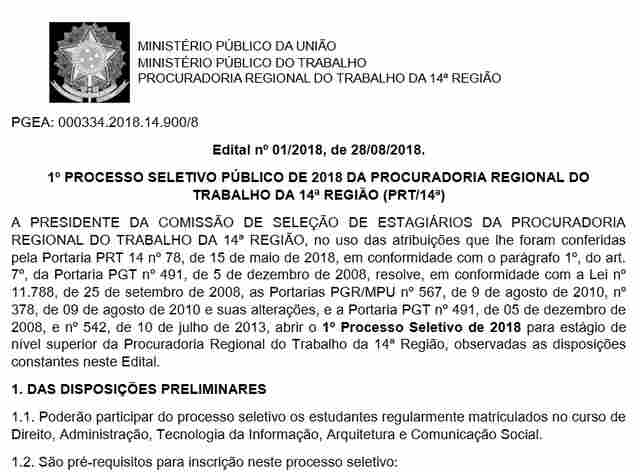 MPT abre seleção de estagiários em Rondônia e Acre