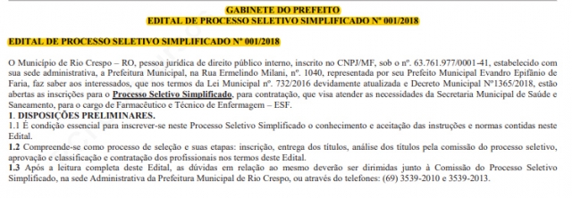 Prefeitura de Rio Crespo abre processo seletivo para farmacêutico e técnico de enfermagem