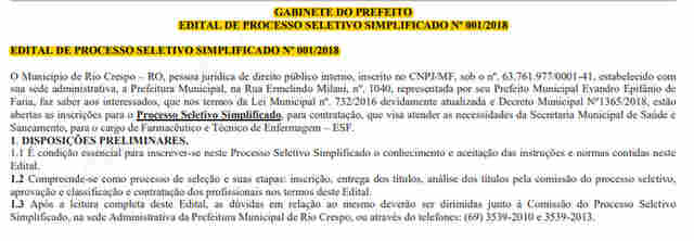 Prefeitura de Rio Crespo abre processo seletivo para farmacêutico e técnico de enfermagem