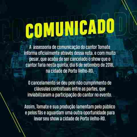 Cantor Tomate cancela show em Porto Velho no “CarnaFacul”