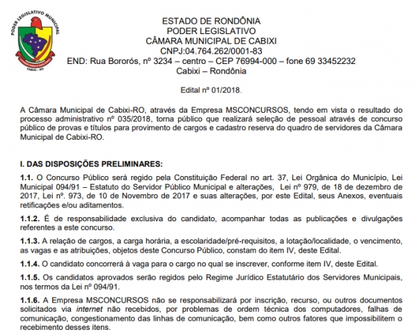 Câmara de Cabixi abre concurso com salários de R$ 1.351,71