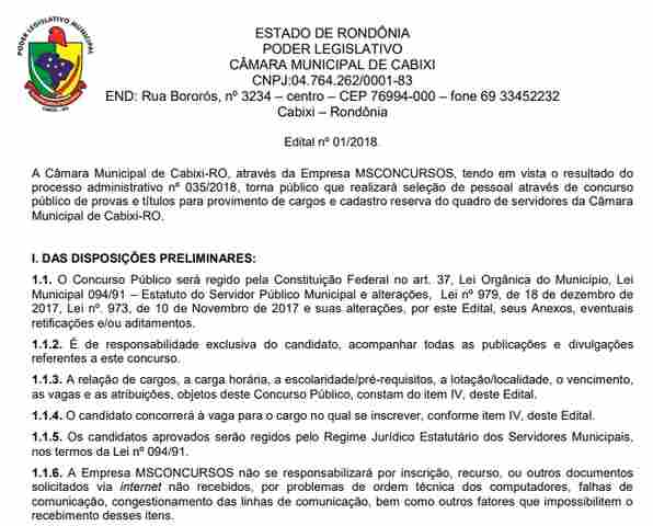 Câmara de Cabixi abre concurso com salários de R$ 1.351,71