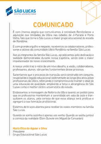 São Lucas anuncia que comprou a Ulbra em Porto Velho e Ji-Paraná