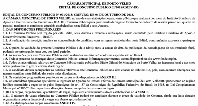 Câmara de Vereadores de Porto Velho publica edital com 15 vagas